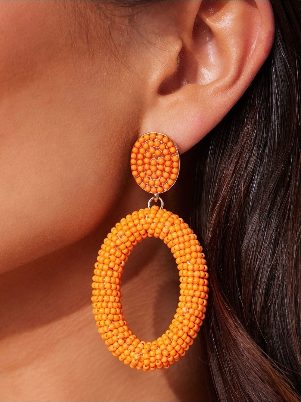 Fashion Nova Bright Orange Beaded Oval Drop Statement Earrings